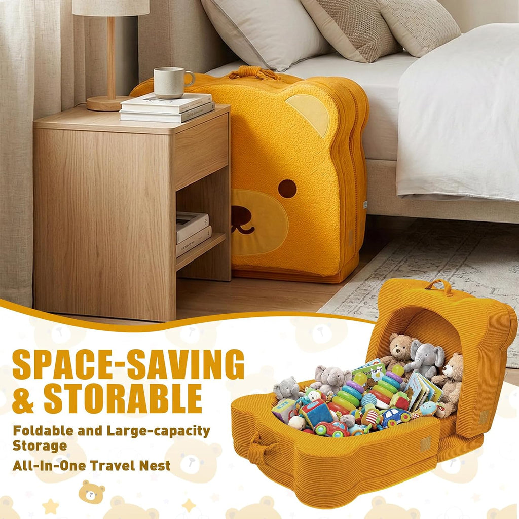 Toddler Travel Bed, Portable&Foldable Toddlers Floor Beds, Bear Style Soft Foam Crib for Baby and Kid, Washable Cover