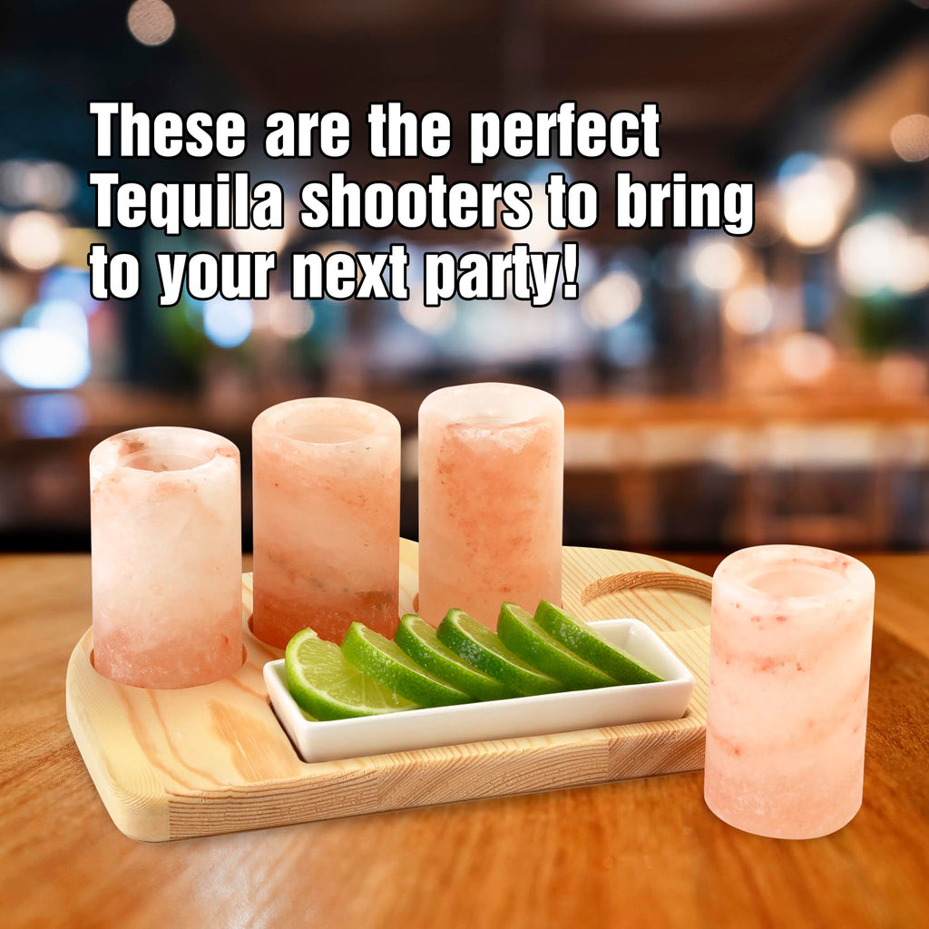 Pink Himalayan Salt Tequila Shot Glasses, 4 Pack with Tray