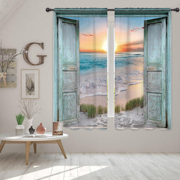 Teal Ocean Sea Curtains Coastal Nautical Barn Wood Door Sunset Rod Pocket Turquoise Country Seaside Modern Men Women