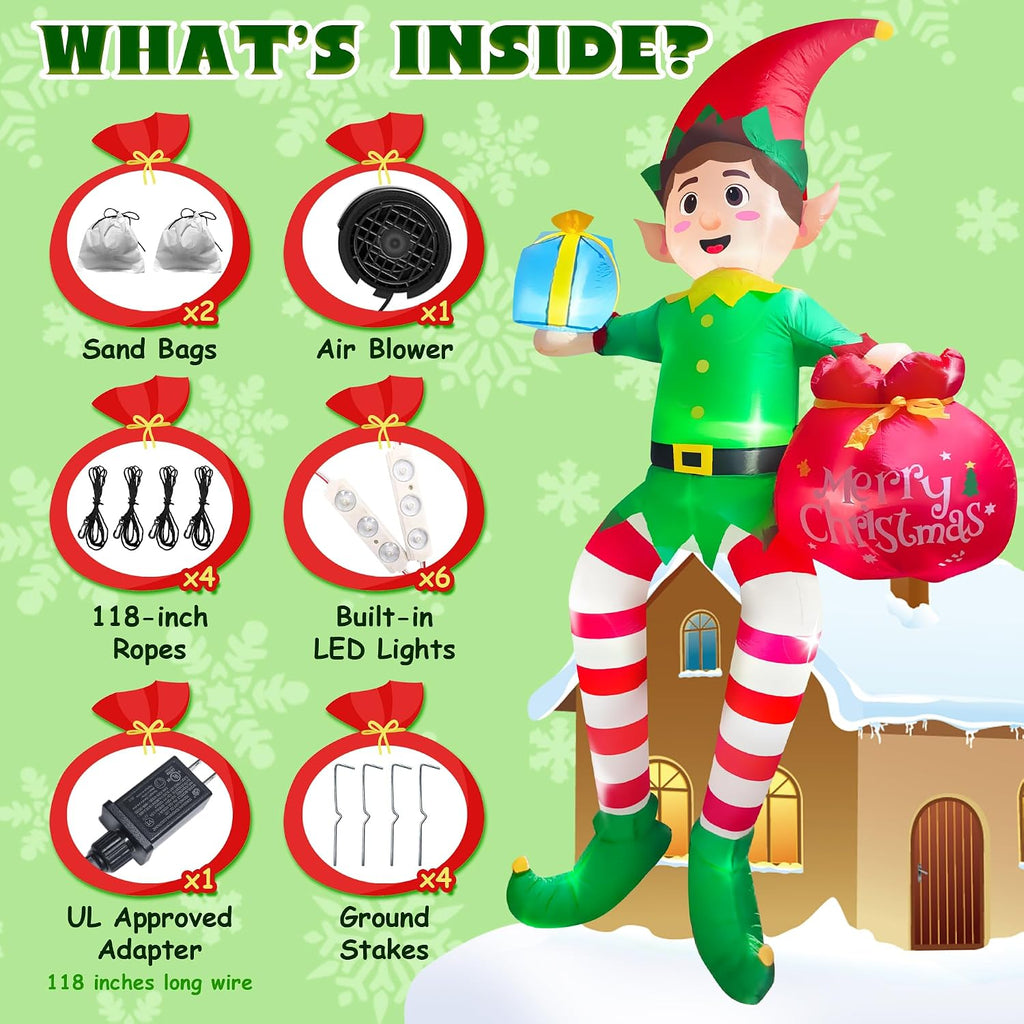 10FT Christmas Inflatable Outdoor Decoration, Sitting Elf Inflatable Christmas Blow up Yard Decorations with LED