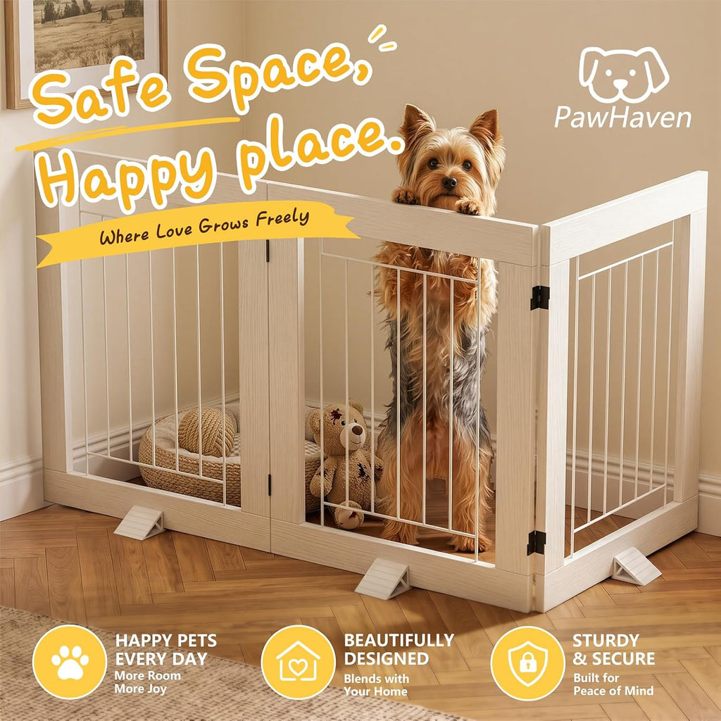 Dog Gate Indoor, Freestanding Dog Fence, 59x24-Inch Wooden Pet Gate for Dogs, 3-Panel Puppy Gates for Doorways