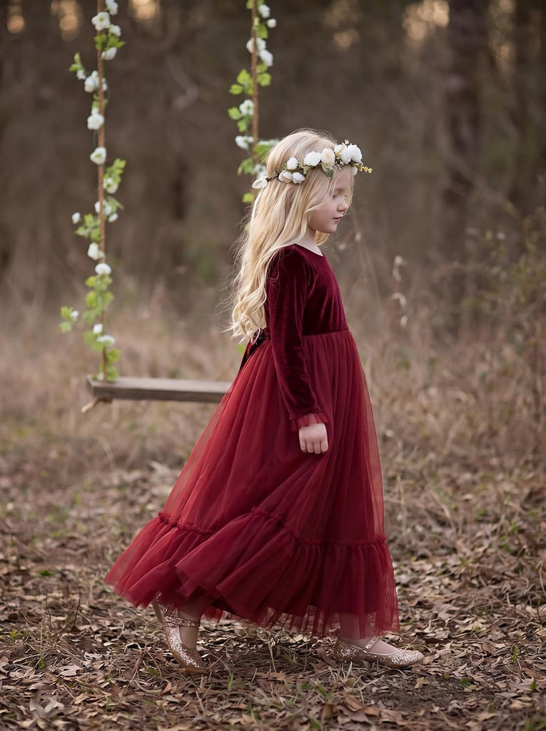 Velvet Fall Winter Dress Backless Flower Girl Dress Formal Wedding Party Prom Christmas Maxi Gown