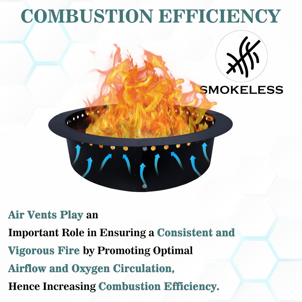 Smokeless Fire Pit Insert 46" - Steel Foldable Round Fire Pit Ring with Air Vents and Coller Support - DIY Fire Ring