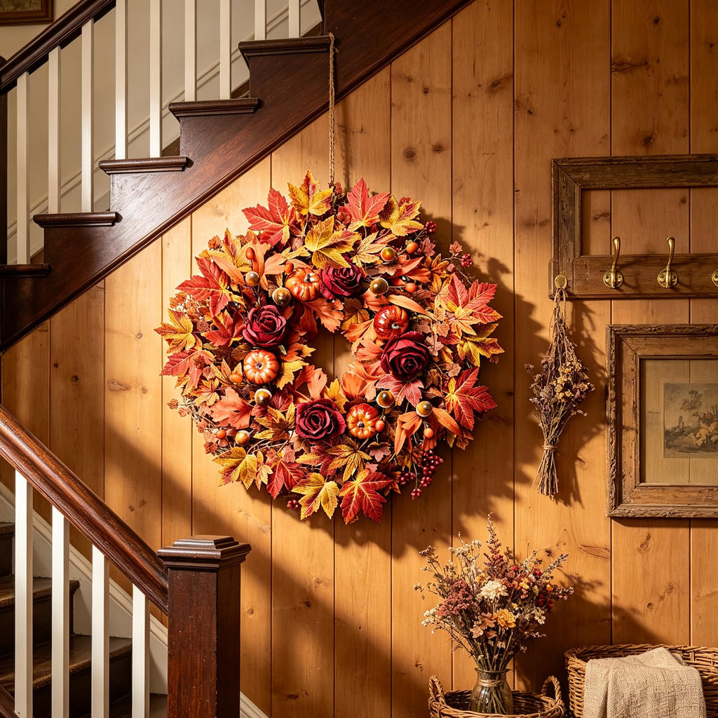 26" Large Artificial Fall Maple Leaves Wreath for Front Door, Autumn Orange