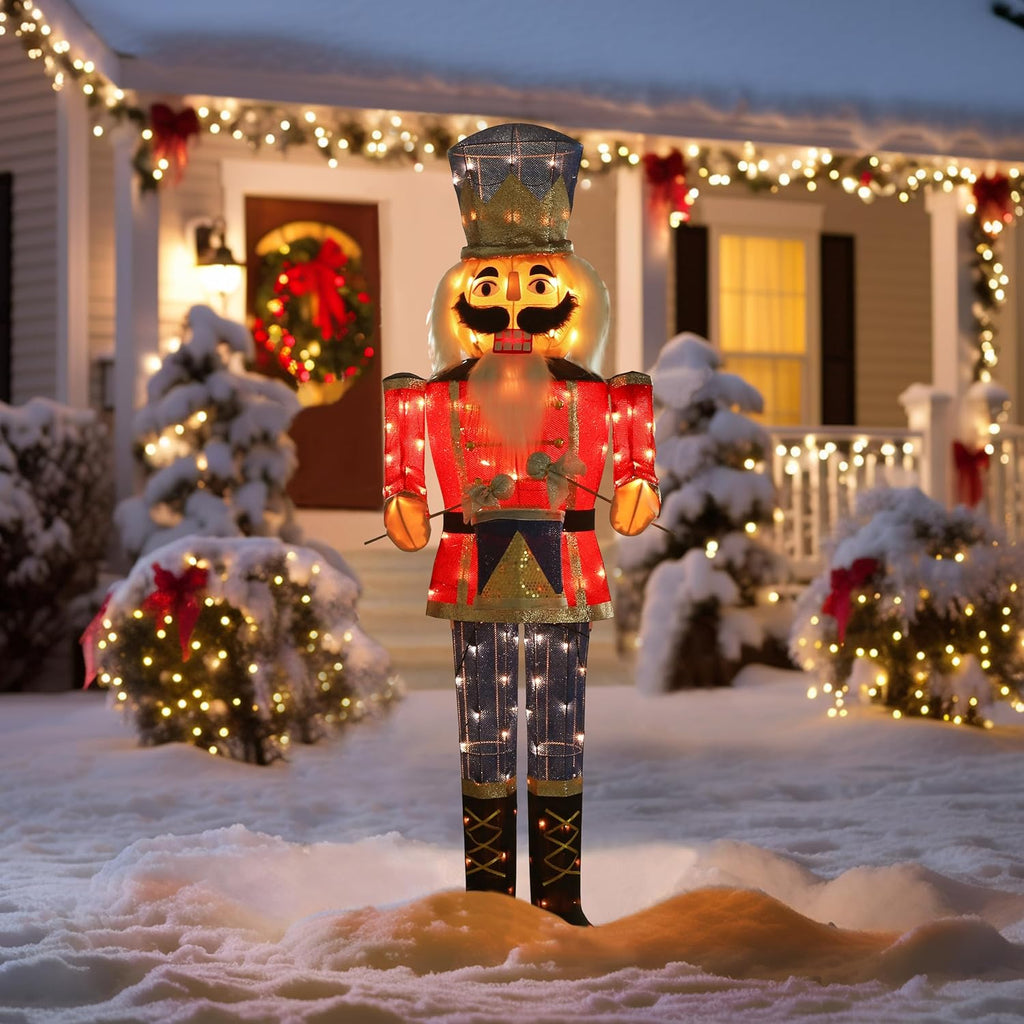 5FT Large Nutcracker with Drum, Nutcracker Christmas Decor with 100 Warm White Lights, Soldier Xmas Welcome