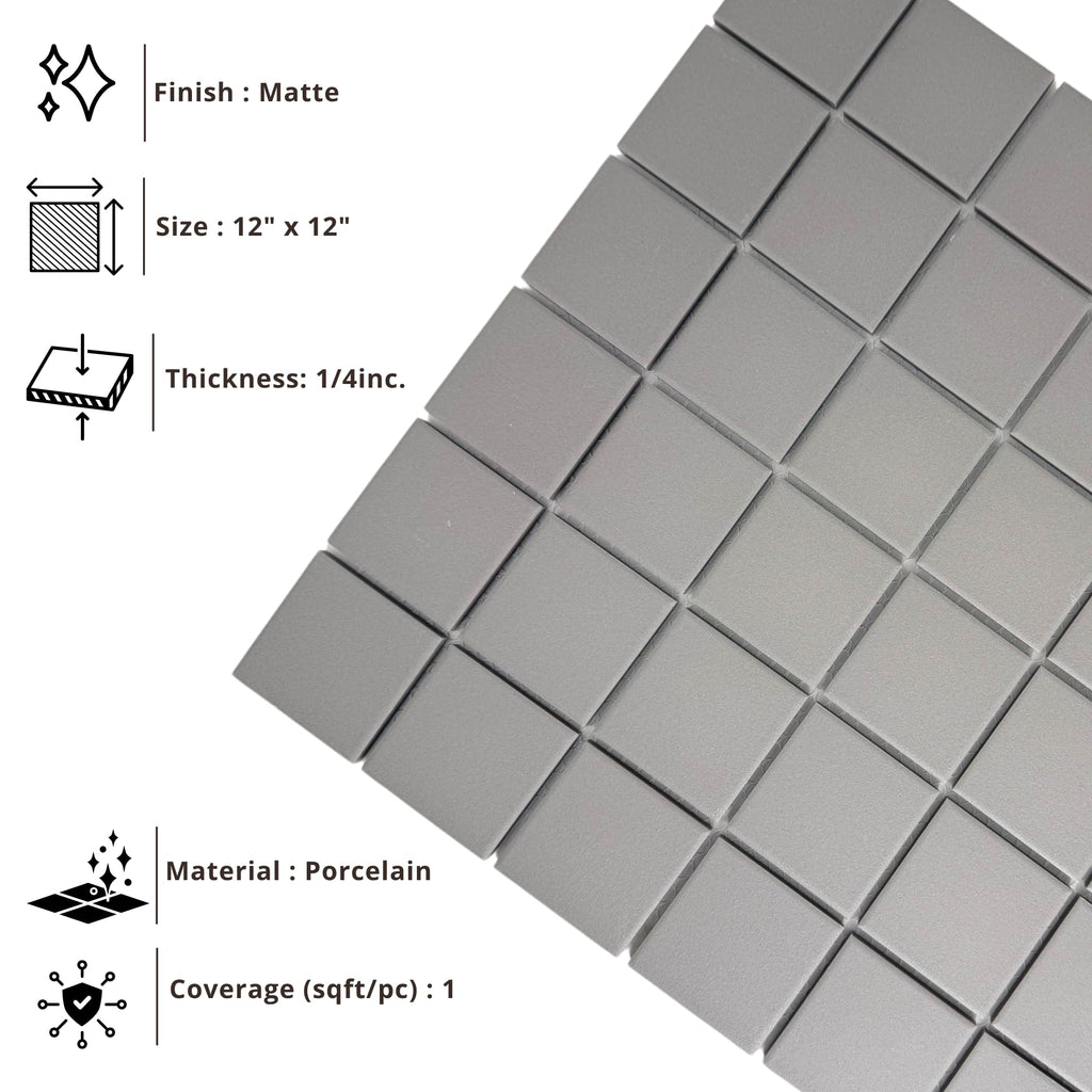 Gray 2x2 Porcelain Mosaic Tile Square Matte Finish on 12"x12" Mesh - Durable Water-Resistant Tile Backsplash Bathroom