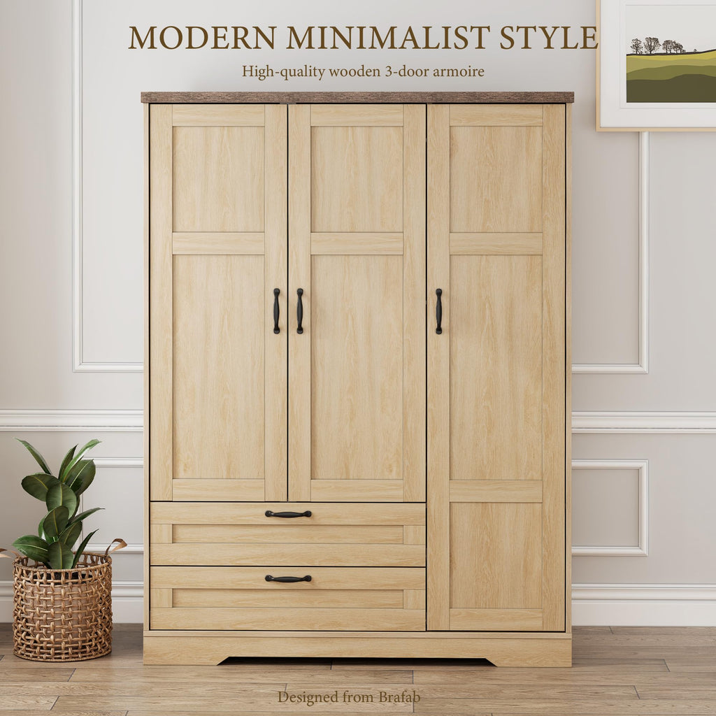 62" Wooden Armoire Wardrobe Closet with Mirror, Natural, 3 Doors