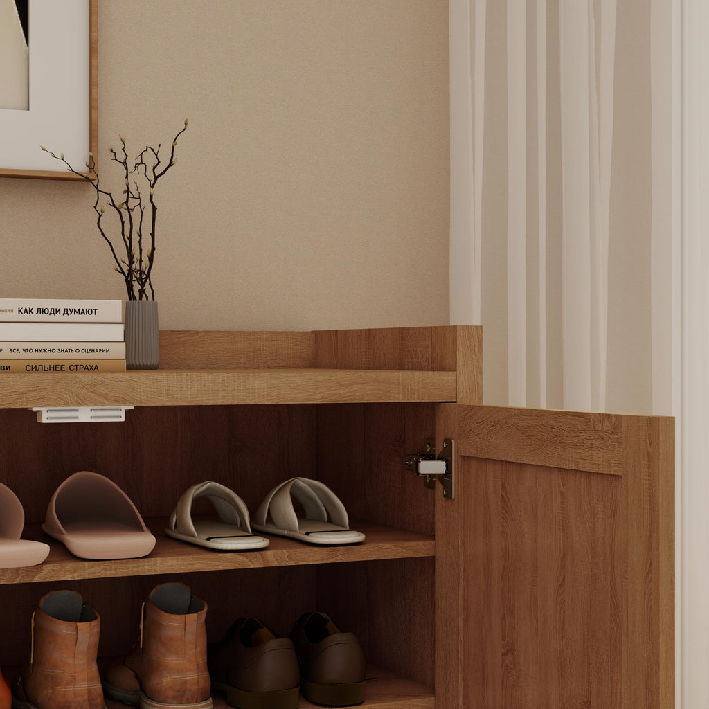 5 Layer Farmhouse Style Shoe Cabinet, Wooden Freestanding Shoe Rack with 2 Doors and Adjustable Shelves, Shoe Storage