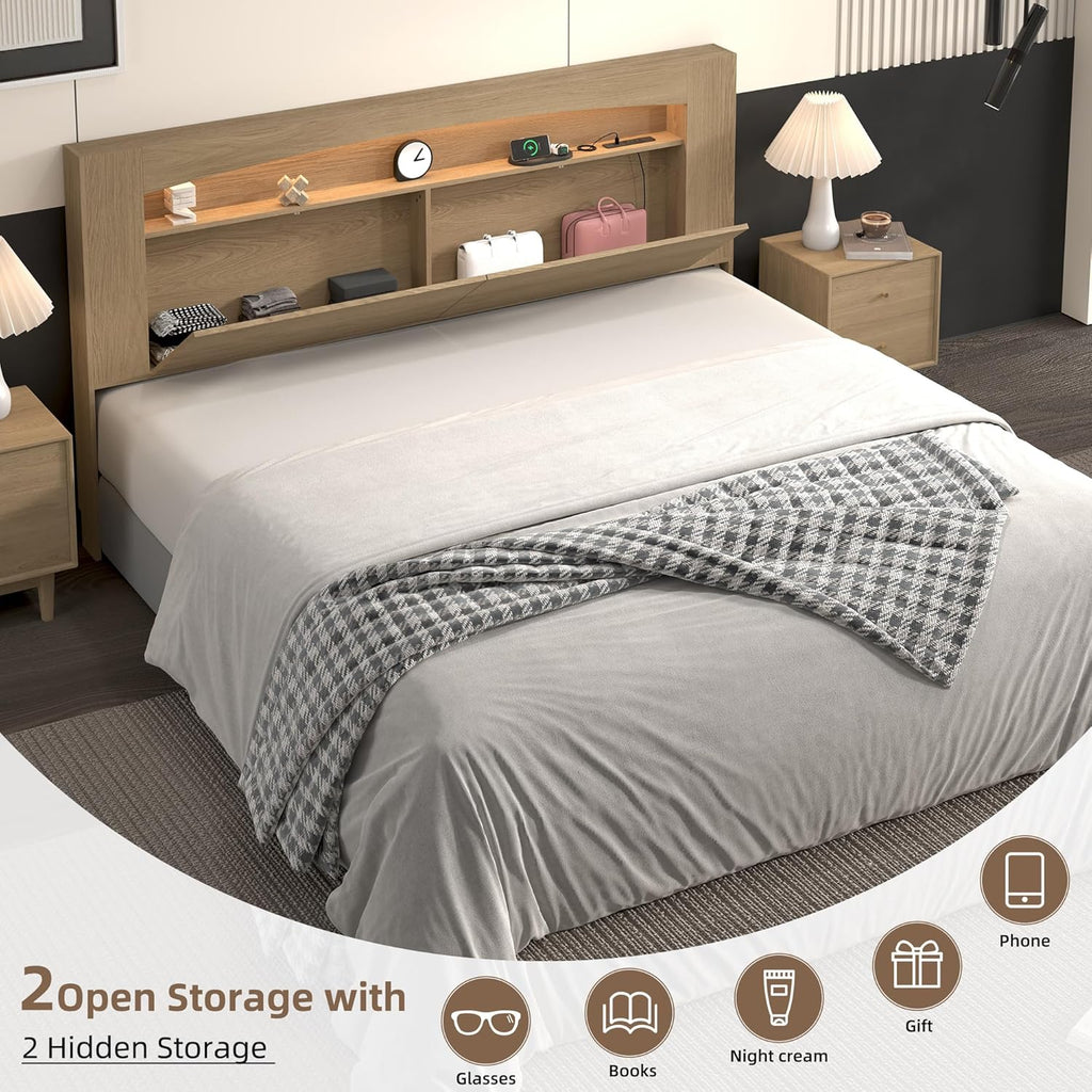 King Headboard Only Modern Sturdy Wooden Bed Backboard Wall Mounted Head Board, 3 Storage Zones, Unique Skirting