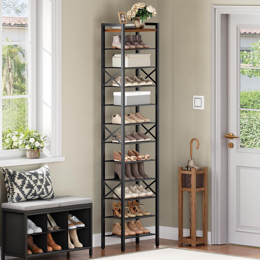 12-Tier Narrow Shoe Rack, Tall Shoe Rack for 12-24 Pairs, Slim Shoe Storage Organizer with Wooden Top, Space Saving