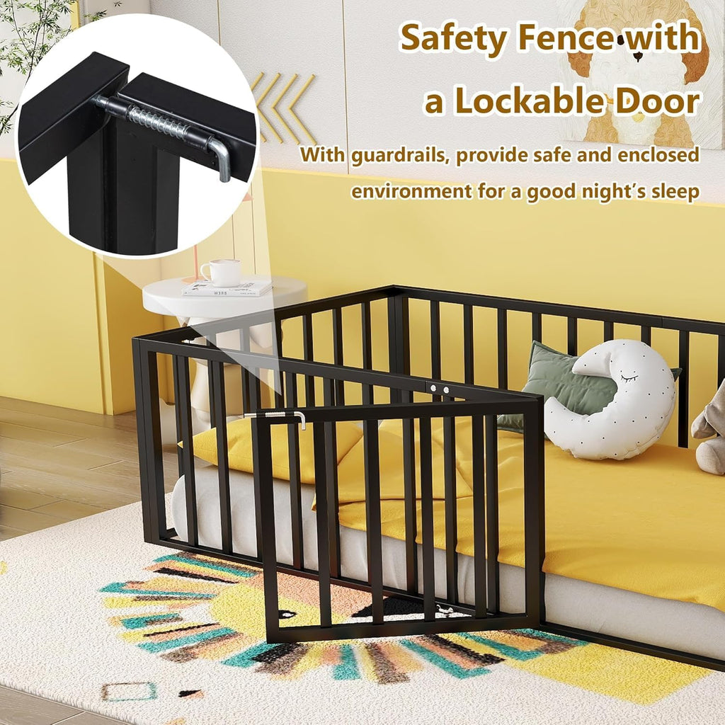 Floor Bed with Fence and Door, Heavy Duty Metal Montessori Floor Bed with Rails, Low-Profile Montessori Beds