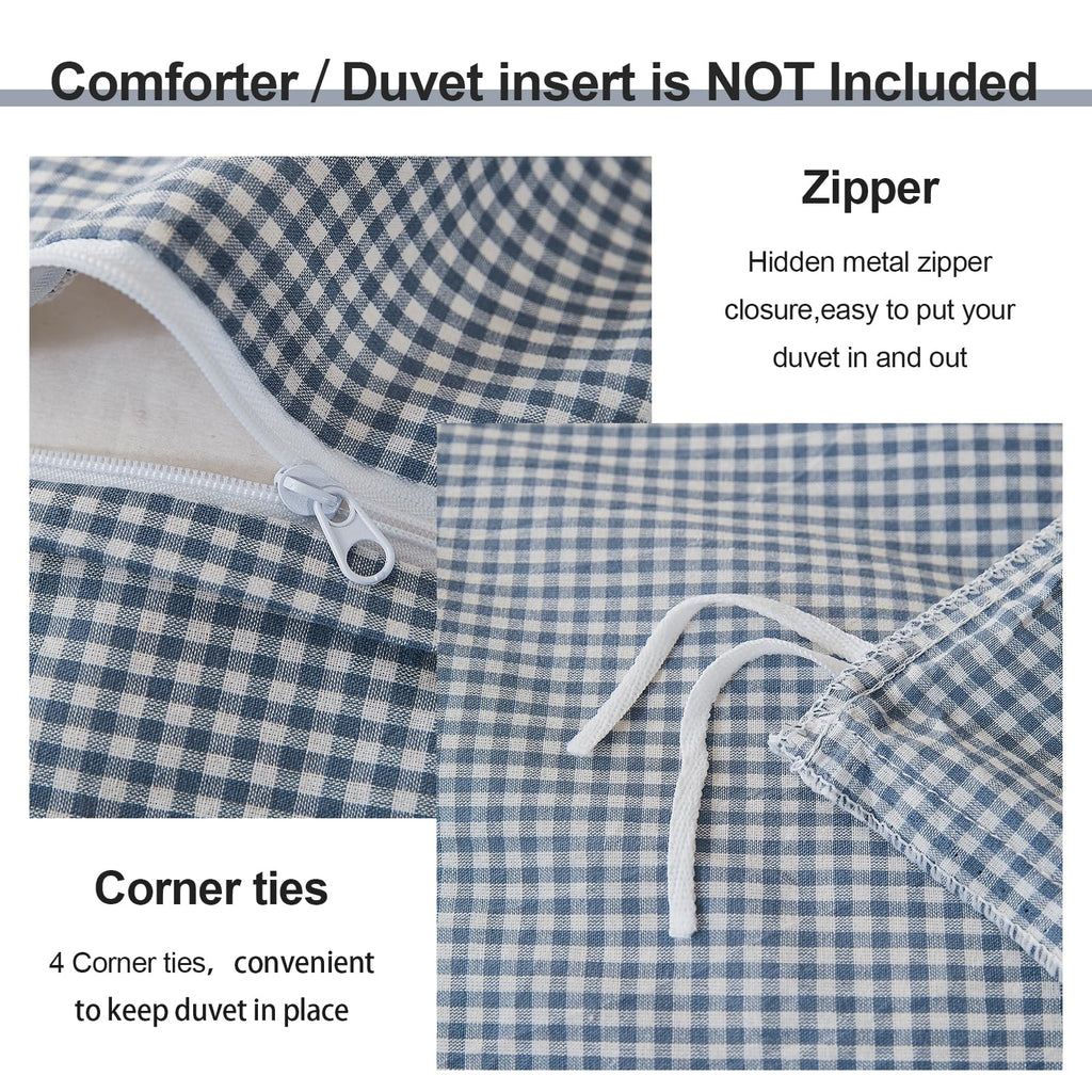 Vintage Blue Plaid Duvet Cover Set 100% Washed Cotton 3-Piece