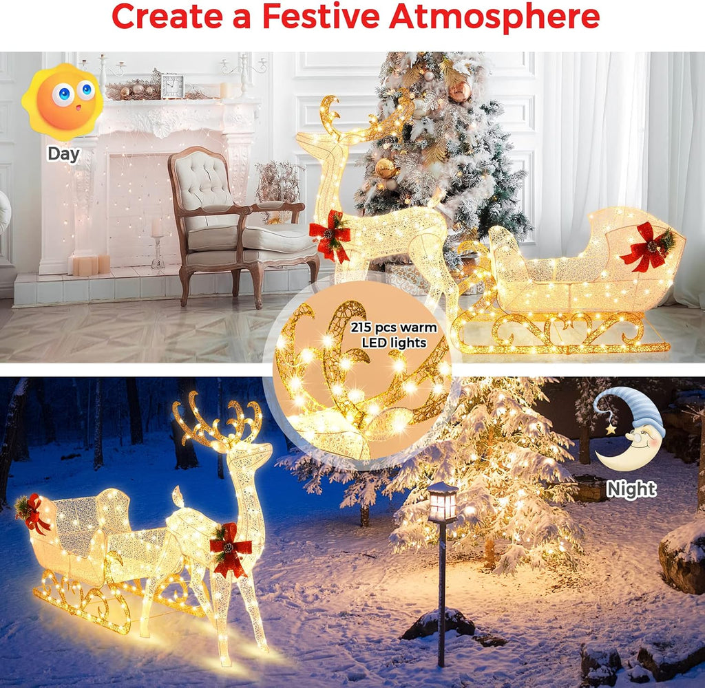 6 FT Christmas Lighted Reindeer & Santa's Sleigh Set, Warm White