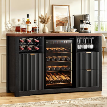 Coffee Bar Cabinet with Mini Fridge Space, 53"Wine Cabinets with Storage | Wood Fluted Liquor Cabinet with Storage