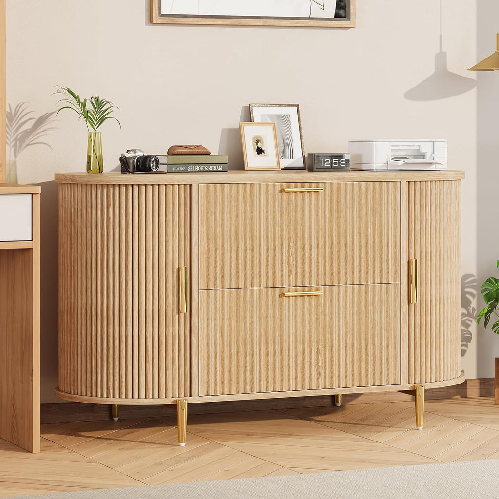 Fluted 2 Drawer File Cabinet with 2 Sliding Door | 39.4" Filing Cabinet ,fit Legal/Letter/A4 Siz,Modern File Cabinet