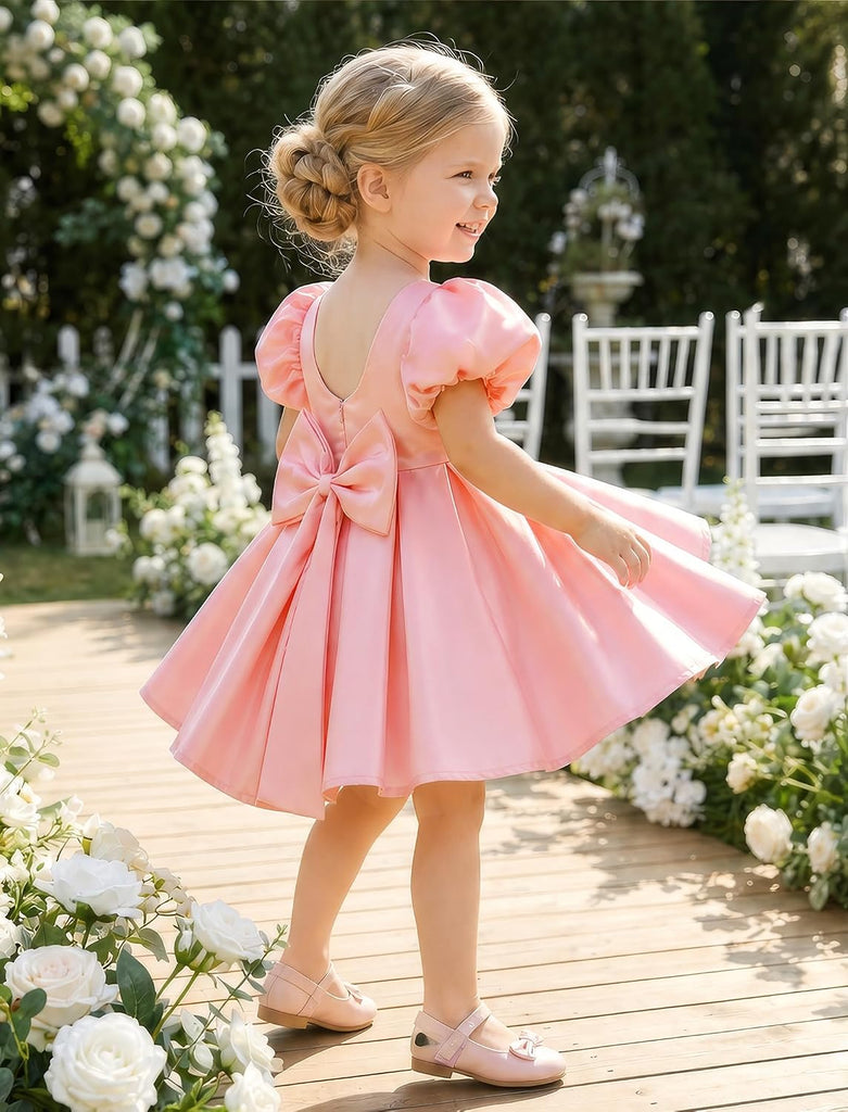 Toddler Flower Girl Dress V-Back Bow Satin Birthday Pageant Dresses