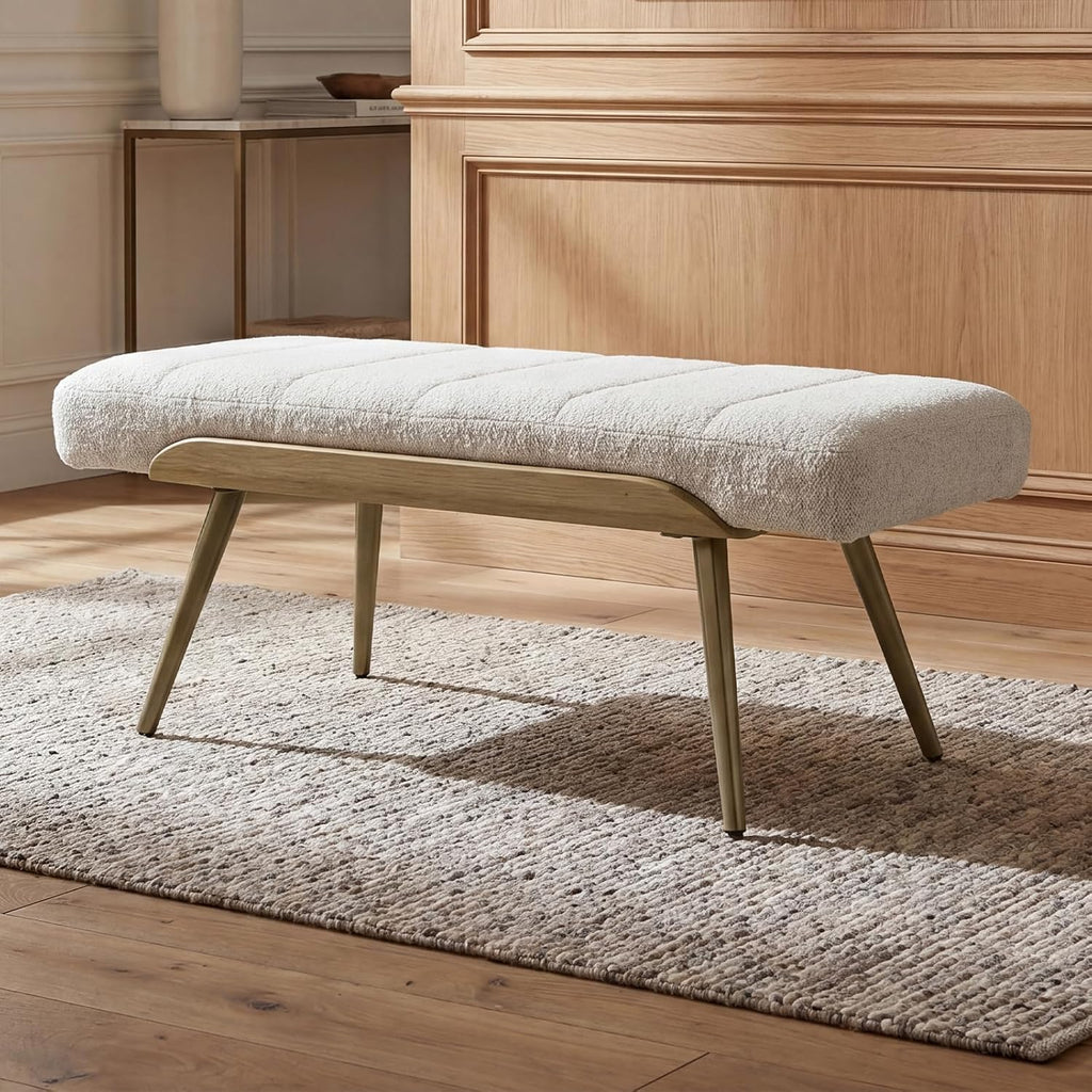 Modern Ottoman Bench, Upholstered Boucle Fabric Entryway Bench with Metal Legs, 35.5" Padded Bench Living Room, Beige