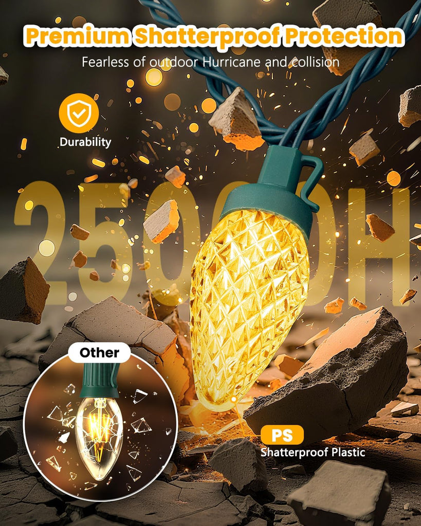 C9-Christmas-Lights-Outdoor,88FT 110LED String Lights with 8 Lighting Mode,Waterproof Connectable UL Certified Warm