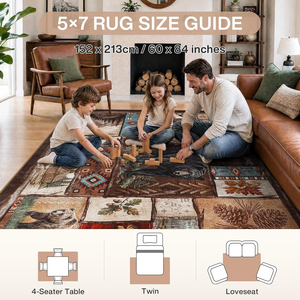 Washable Southwestern Area Rugs, Low Pile Soft Bear Rug, Non Slip Rustic Cabin Indoor Dining Room Patchwork