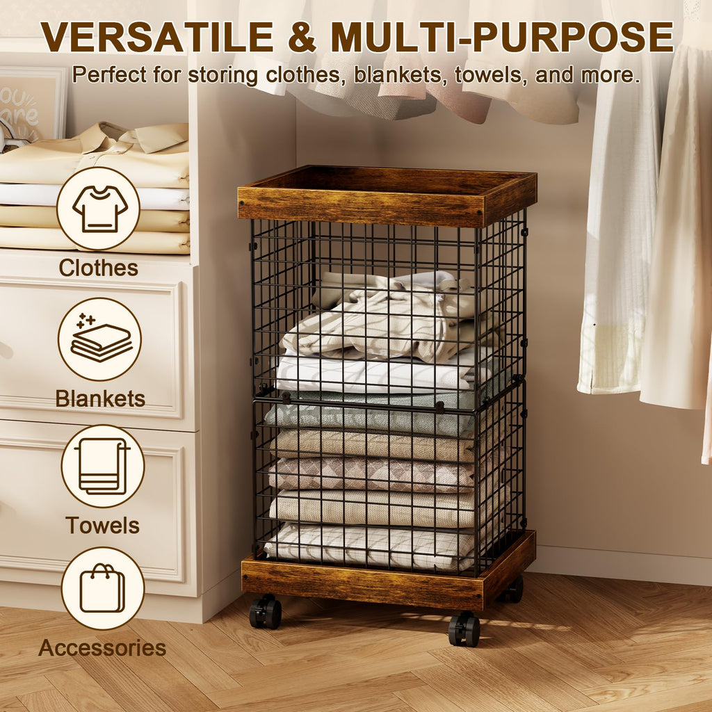 Basket with Wheels, Rolling Hamper Wooden Wire Laundry Bin