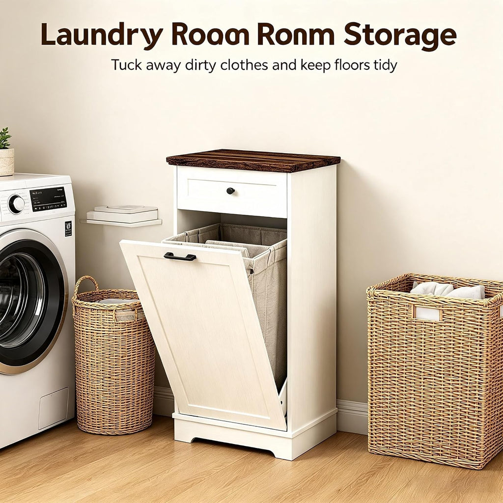 13 Gallon Tilt Out Trash Cabinet Freestanding Wood Garbage Recycling Station with Storage Drawer, Pet Proof Trash Can
