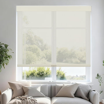 Free-Stop Cordless Roller Blinds, 5% Openness Natural Woven Solar Roller Shades Light Filtering Window Blinds, UV