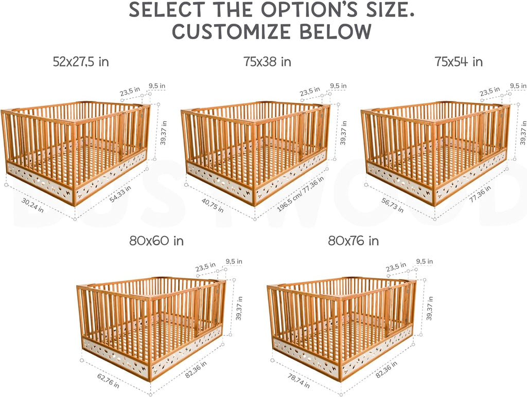 Montessori Floor Bed with Extra High Rails and Locking Door - Low Toddler Bed Frame with Slats - Twin/Full/Queen