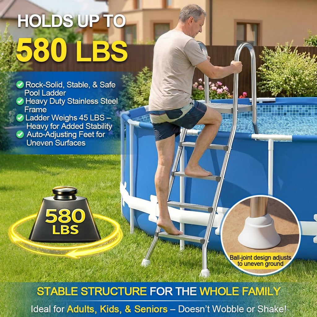 Above Ground Pool Ladder, 304 Stainless Steel Heavy Duty Pool Ladder | Pool Ladder with Non-Slip Wide Steps, 580 LBS