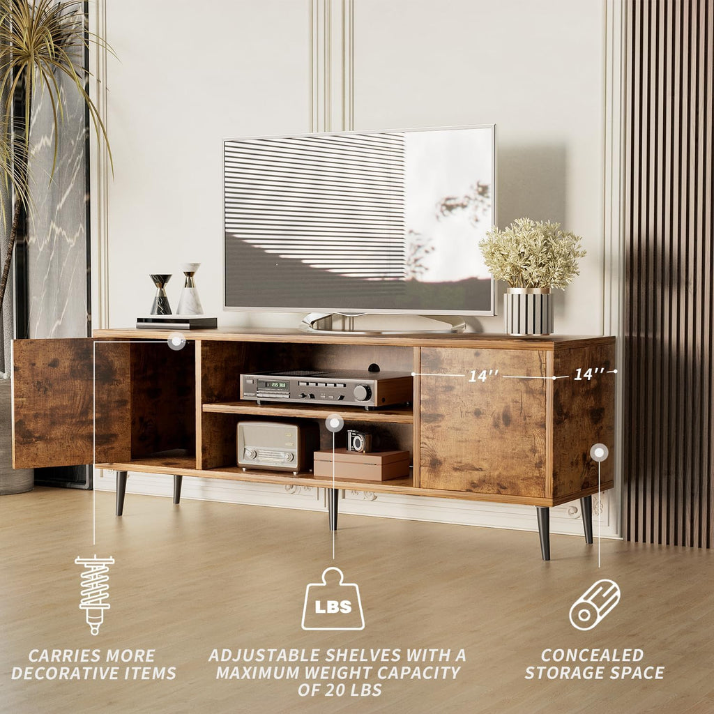 TV Stand for 65 Inch TV, Mid Century Modern TV Stand, Entertainment Center with Storage Cabinet and Open Shelves, TV