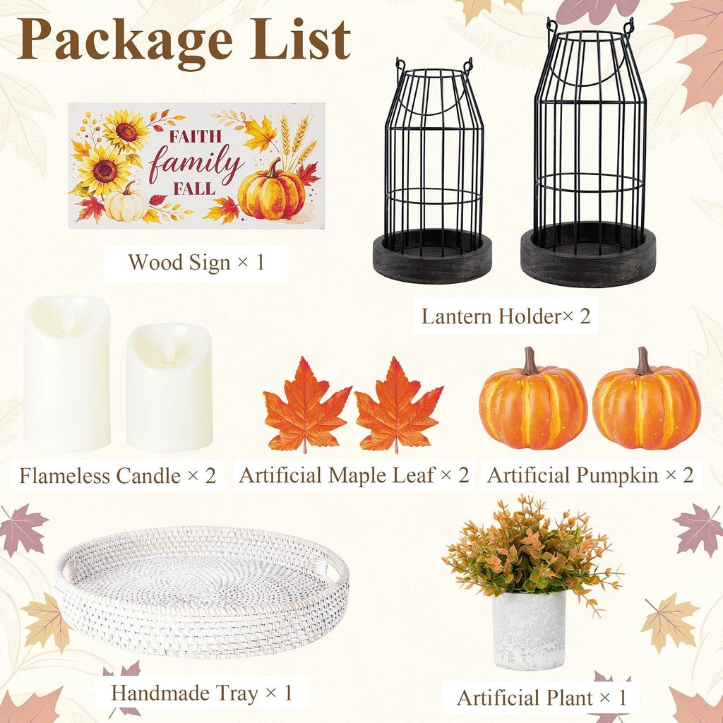 Rustic Farmhouse Lanterns Set Fall Decor for Dining Table Centerpieces | Set of 9 Artificial Maple Leaves, Autumn