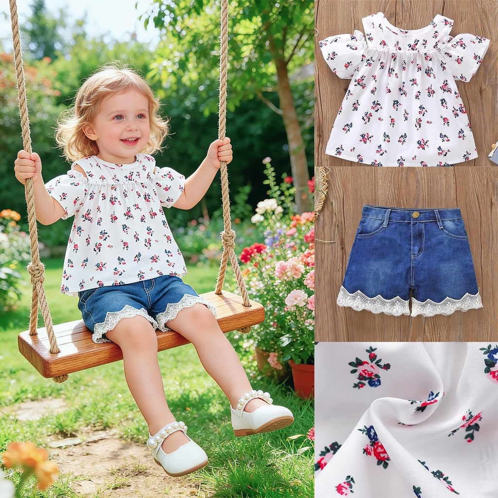 Toddler Baby Girls Clothes Outfit Summer Ruffled Off Shoulder Short Sleeve Floral Shirts Tops Denim Shorts Set