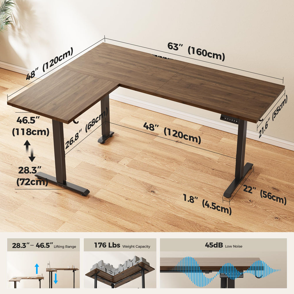 63 x 48 Inch L Shaped Electric Standing Desk, Dark Walnut
