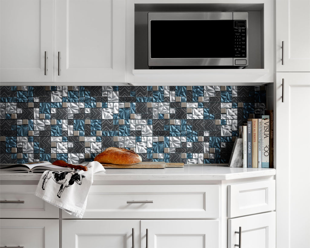 Blue White Glass Tile Bathroom Backsplash Wall Versailles Pattern Mosaic [Set of 5]