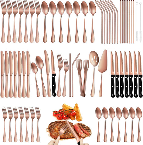 69 Pieces Rose Gold Silverware Set with Steak Knife Service for 8
