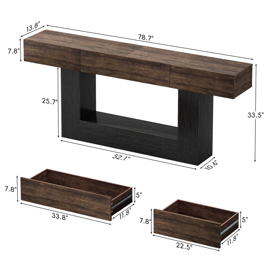 79" Long Farmhouse Console Table w 3 Storage Drawers, 2-Tier Entryway Table