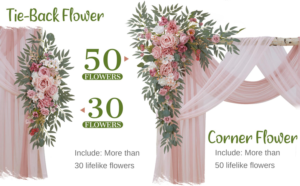 Wedding Arch Flowers with Drapes Kit (Pack of 4) - 2pcs Artificial Dusty Rose Deluxe Swag with 2pcs Sheer Drapes for