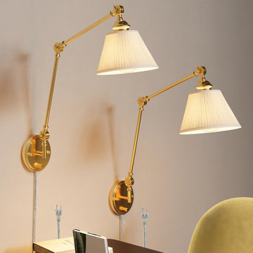 Plug in Wall Sconces Set of Two, Gold Swing Arm Wall Lamp with 6.6FT Plug-in Cord and Knob Switch, Fabric Hardwired