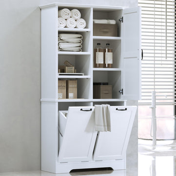Cabinet with Tilt-Out Laundry Hamper Basket, Tall Bathroom Storage Organizer Linen with Open Shelf, Freestanding