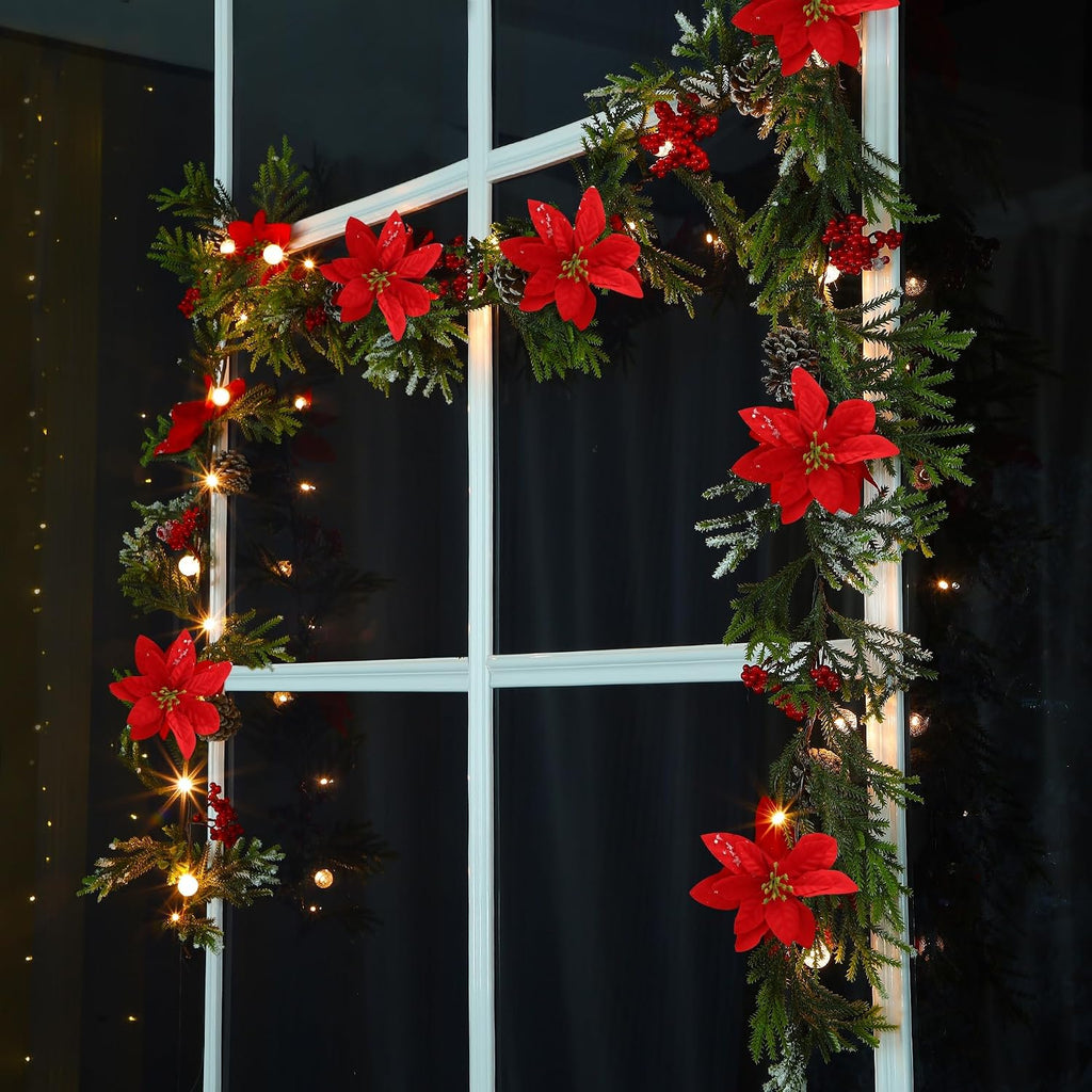 2 Pack Christmas Garland, 9' Pre-lit Artificial Xmas Flocked Garlands, Lighted Poinsettia Spruce Timer & Battery
