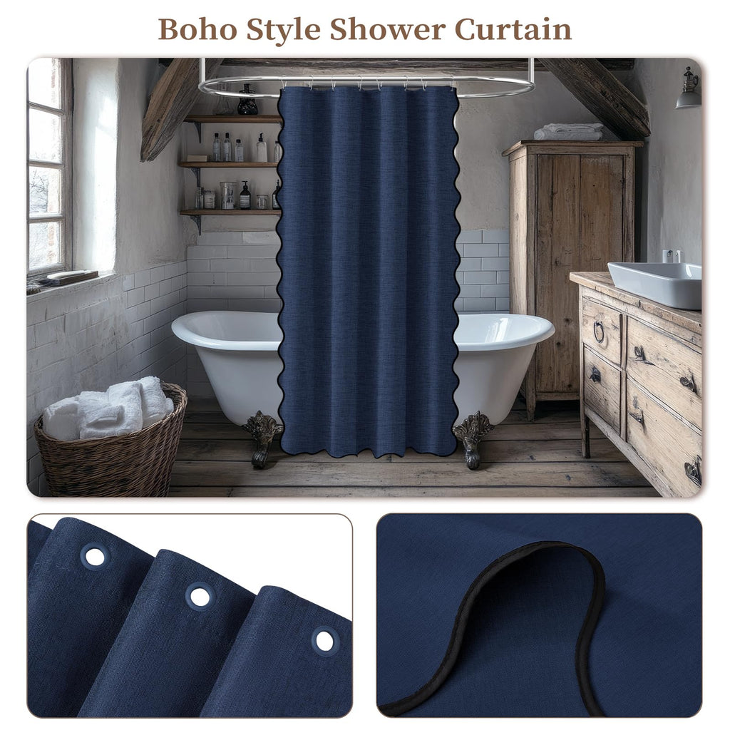 48x72 Boho Scalloped Linen Textured Cloth Shower Curtain, Navy Blue
