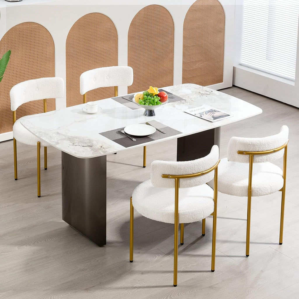 White Boucle Dining Chairs Set of 4, Modern Kitchen Chairs with Gold Metal Legs and Curved Backrest, Round Dining