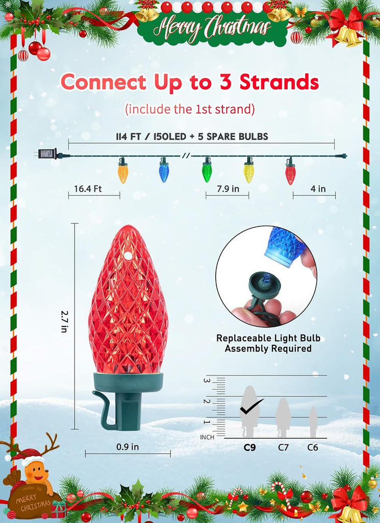 C9 Christmas Lights Outdoor, 114FT 150 LED C9 String Lights, Multicolor