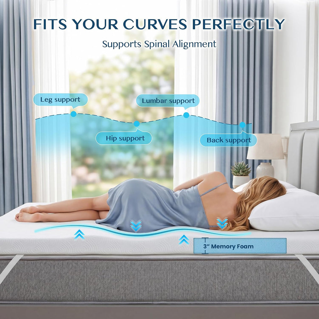 3 Inch Queen Memory Foam Mattress Topper, Ventilated Gel Mattress Topper for Back Pain Relief, CertiPUR-US Certified