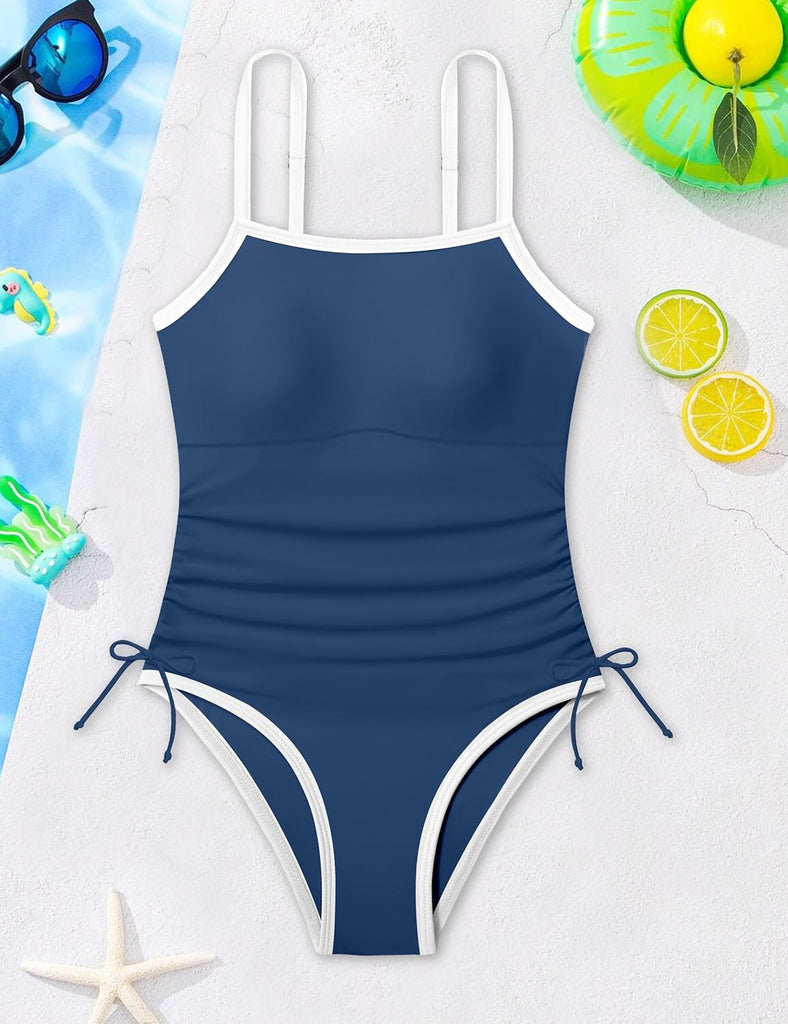 Girls Swimsuit One Piece Bathing Suit Color Block Strap Swimwear Drawstring Swimsuits for Teens with Padded