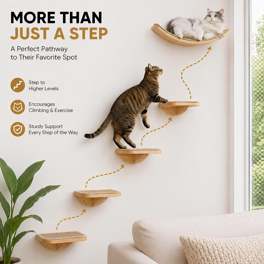 2 Set Wooden Cat Wall Shelves with Sisal Mat, Cat Wall Furniture Steps
