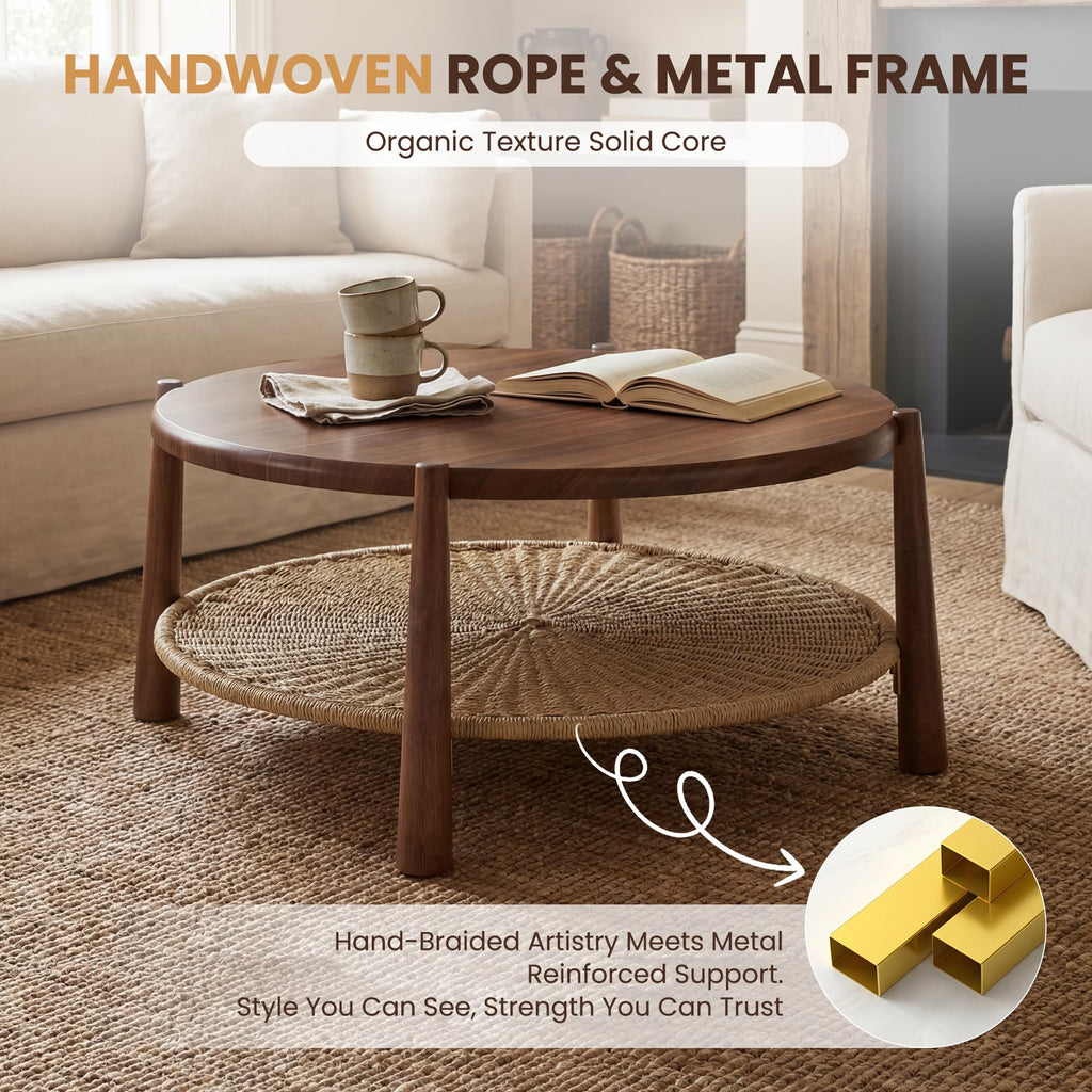 Round Coffee Table with Woven Storage Shelf, Walnut Brown