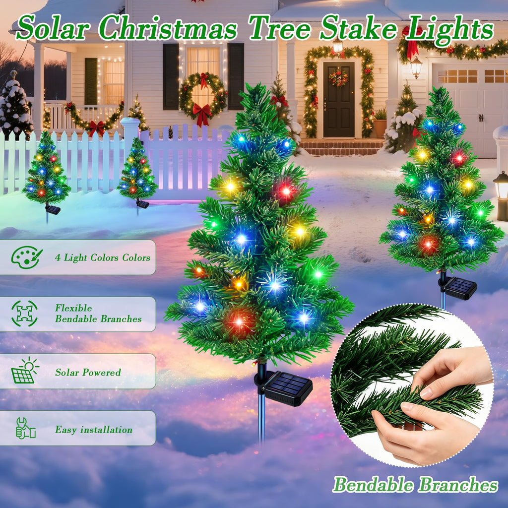 Solar Christmas Tree, 4 Pack Pre-Lit Garden Stake Lights Outdoor Decor
