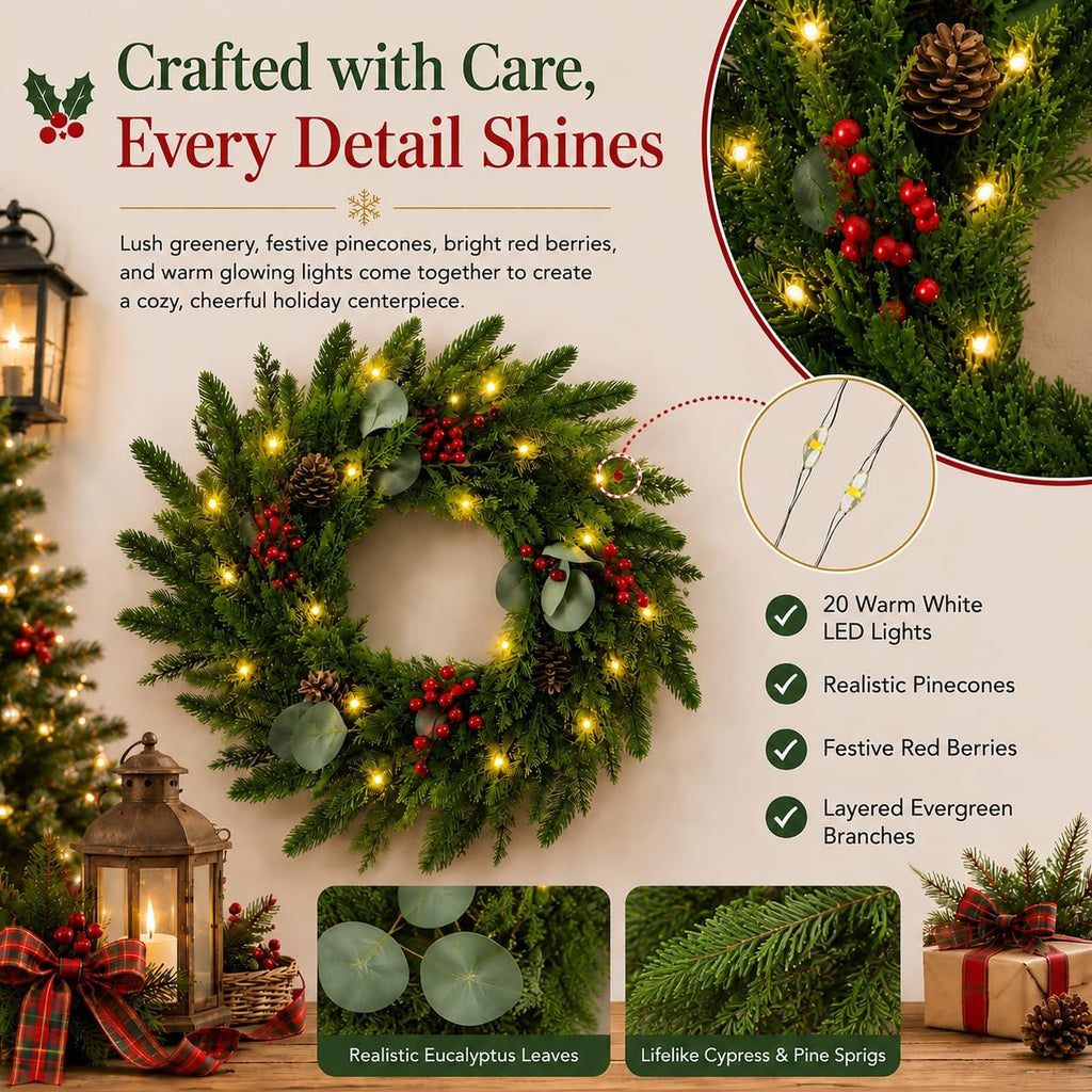 24 Inch Christmas Wreath for Front Door Artificial Wreath with Lights Red | Pinecones, Red Berries, Eucalyptus &