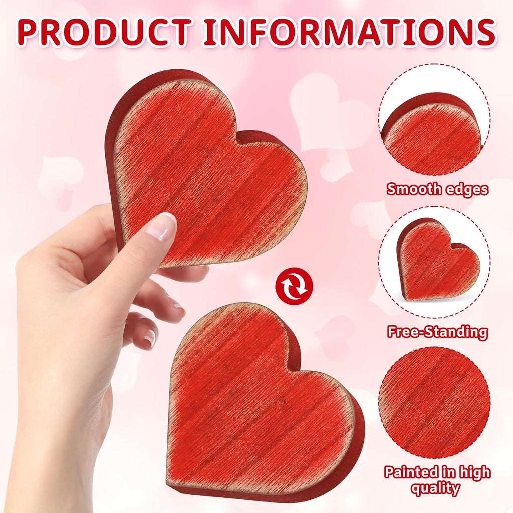 Wooden Valentine's Day Hearts Decorations Indoor, Wood Heart Blocks Tiered Tray Decor, Red Pink White - Set of 6