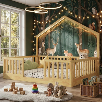 Montessori Floor Bed with High Rails, Wood House Beds Frame with LED Light, Low Profile Montessori Bed
